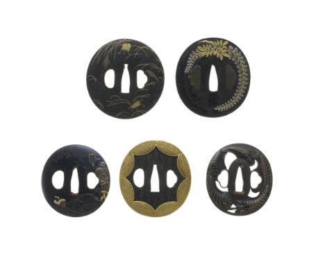 FIVE TSUBA (HAND GUARDS)Edo period (1615-1868), 18th to 19th centuryAll shakudo and roughly circular; the first migakiji, fin