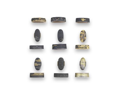 THREE FUCHI (HILT COLLARS) AND SIX FUCHI-GASHIRA (HILT COLLARS AND POMMELS)Edo period (1615-1868), 18th to 19th centuryThe fi