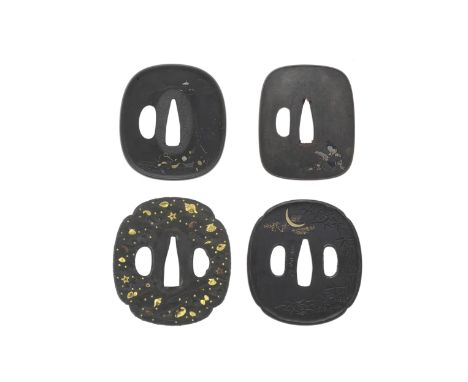 FOUR TSUBA (HAND GUARDS)Edo period (1615-1868), 17th to 19th centuryThe first rounded rectangular, shibuichi with chiselled c