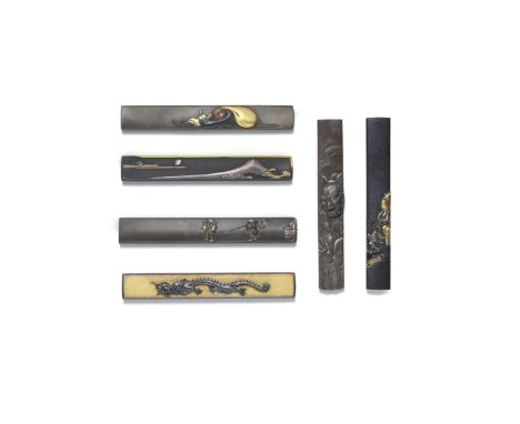 SIX KOZUKA (KNIFE HANDLES)Edo period (1615-1868), 18th to 19th centuryThe first three shibuichi: the first inlaid in gold, sh