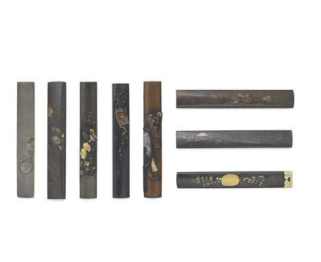 EIGHT KOZUKA (KNIFE HANDLES)Edo period (1615-1868), 18th to 19th centuryThe first seven all shibuichi migakiji (polished grou