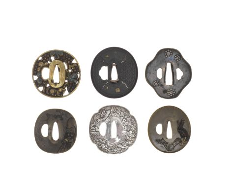 SIX TSUBA (HAND GUARDS)Edo period (1615-1868), 18th to 19th centuryThe first mokkogata (four-lobed), silver nanako, with chry