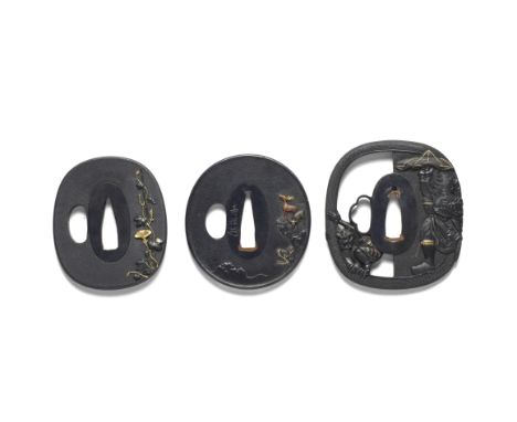 THREE SHAKUDO TSUBA (HAND GUARDS)Edo period (1615-1868), late 18th to 19th centuryThe first rounded rectangular, nanako, chis