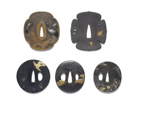 FIVE TSUBA (HAND GUARDS)Edo period (1615-1868), late 18th to mid-19th centuryThe first iron, aoigata (foliate), inlaid in gol