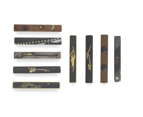 NINE KOZUKA (KNIFE HANDLES)Edo period (1615-1868), 18th to 19th centuryThe first five shakudo nanako: the first with a gilt f