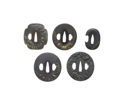 FIVE TSUBA (HAND GUARDS)Edo period (1615-1868), 18th to 19th centuryAll shakudo nanako; the first ovoid, nanako, with gold, s