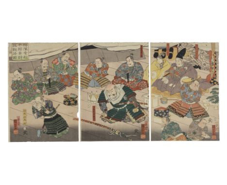 UTAGAWA KUNIYOSHI (1797-1861)Edo period (1615-1868), dated 1858An oban tate-e triptych print titled Kusunoki no jinchu ni Sug