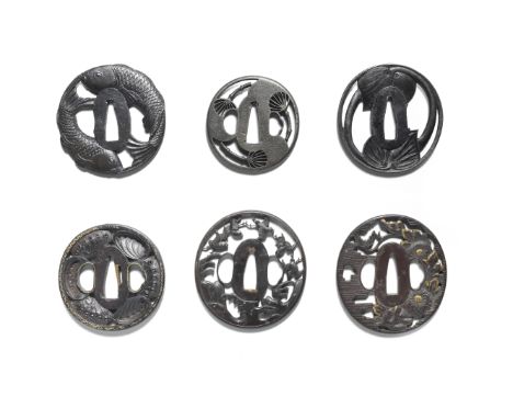 SIX TSUBA (HAND GUARDS)Edo period (1615-1868), 18th to 19th centuryAll circular or roughly circular, iron with pierced and ch