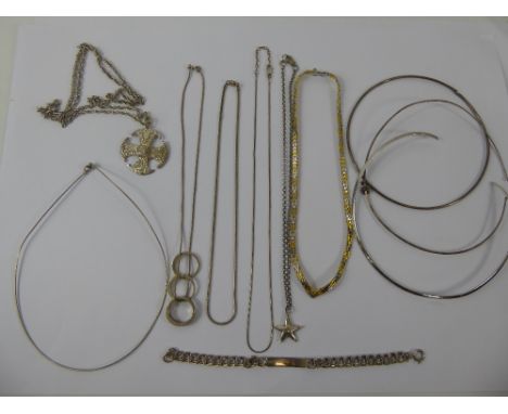 Miscellaneous Silver Jewellery, including three fine necklaces, three neck chains, Celtic cross pendant mm D & P on chain, ID