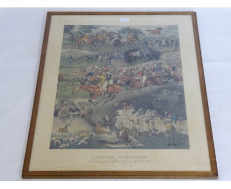 After A.C. Havell (1855-1928) a late 19th century coloured print, "A Racing Nightmare", in oak frame, 65.5 x 80 cms