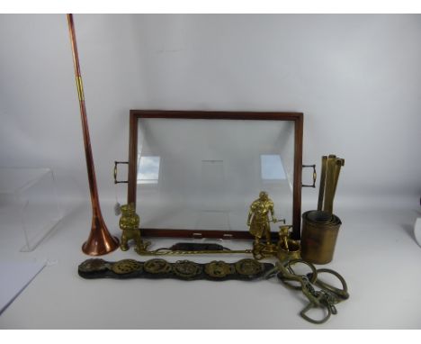 Miscellaneous Items including Wood Framed Glass Tray, with brass handles, together with a quantity of brass including horse b