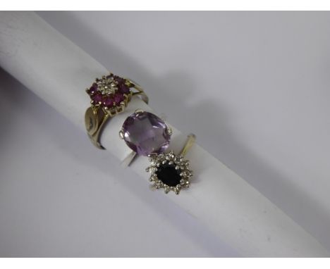 Miscellaneous Silver Rings, including blue and white stone, size N, amethyst ring size M, diamond and pink stone size S, appr