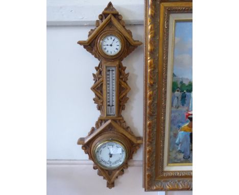 A Vintage Carved Oak Clock-Barometer, approx 70 cms
