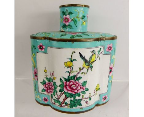 A Chinese Cloisonné Famille Vert Tea Caddy, the caddy depicting a peacock and birds amongst tree peony, approx 16 cms.