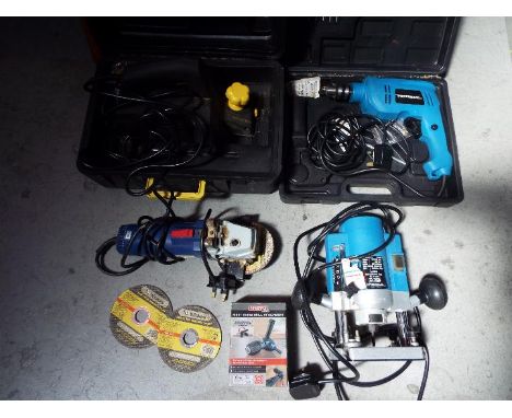 A quantity of various power tools. 