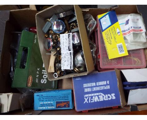 Various mixed hand tools, repair kits, soil test kit, assorted washers, spares and similar.