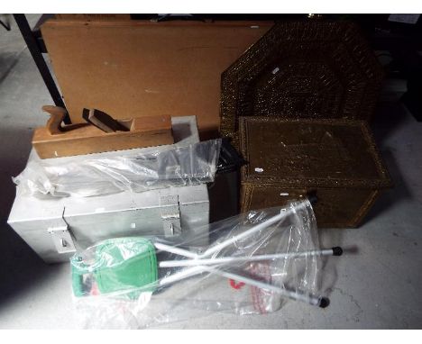 A mixed lot to include a paste table, small quantity of hand tools, coal box, metal chest and similar. [5]