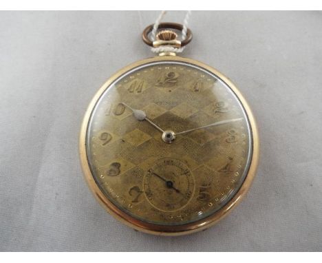 A rolled gold cased pocket watch, very slim case, gold dial with engine turned decoration, in the original brown leather pres