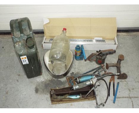 A Dimplex Infa Red IRX1200 Heater, with a selection of tools including with a 20L Jerry can; foot pump, grease gun, car jack 