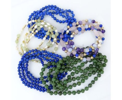 Lot of Five (5) Semi-Precious Bead Necklaces. Includes Jade, Lapis, Rose Quartz, Amethyst, Fresh Water Pearls. Unsigned. Good