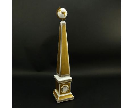 Limited Edition Versace for Rosenthal Carpe Diem Obelisk Clock. Gilt borders with Greek key trim, clock insert and medusa rel