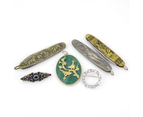 Six (6) Piece Mixed Lot. Includes 3 pen knives, 1 Chinese jade pendant, 1 Trifari Rhinestone Pin, 1 Victorian style brooch. G
