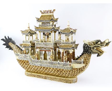 Vintage Chinese Carved Bone Dragon Ship with Immortals. Unsigned. Minor losses. Measures 22-3/4" H, 42" L. We Will Not Ship T