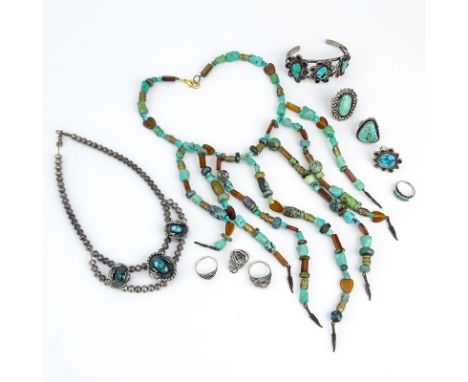 Lot of Ten (10) Pieces Vintage Turquoise, Silver and Marcasite Jewelry. Includes, turquoise bead necklace 15" L and 9" drop; 