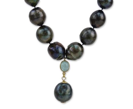 Single Strand Natural Black Tahitian Baroque Graduated Pearl Necklace with 14k Clasp. Stamped 585 with "ES" makers mark on Cl