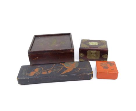 Grouping of Four (4) Chinese Boxes. Includes: mahjong set, 2 papier mache boxes, and brass mounted jewelry box with jade fitt