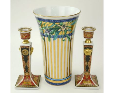 Grouping of Three (3) Versace for Rosenthal Tableware. Includes: Wild Flora vase number 26/4091 and pair of Medusa candlestic