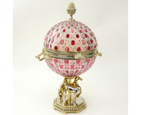 Fine Faberge Ruby Cut to Clear Czar Alexander Caviar Server. Ornate scroll work to handles with acorn finial, spherical body 