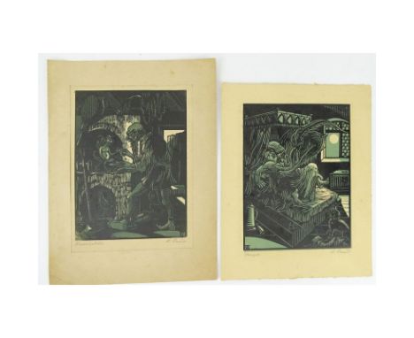 Two (2) Possibly German Expressionist Woodcut Prints. Titled and signed in pencil. Toning and light foxing from age. Sheets m