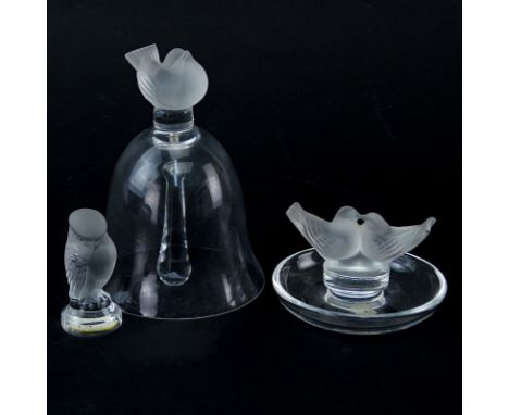 Three (3) Lalique Crystal Objects. Includes bell with bird finial, love bird ring dish, bird paperweight. Signed. Good condit