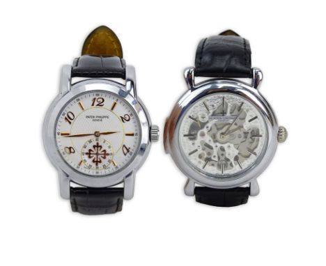 Two (2) Vintage Replica Wrist Watches. Includes: Patek Phillippe watch with leather band size 38mm, Vacheron Constantin watch