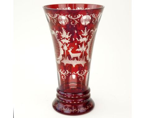 Antique Bohemian Glass Vase. Cut ruby to clear glass. Unsigned. Scratches on bottom from use and display or in good condition