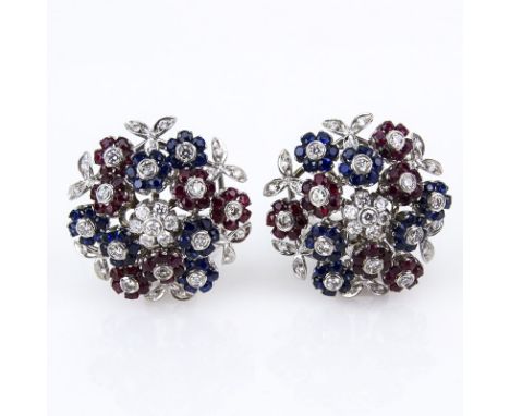 Very Fine Vintage Cartier, France Diamond, Ruby, Sapphire and 18 Karat White Gold Trembler Earrings. Superb quality stones th