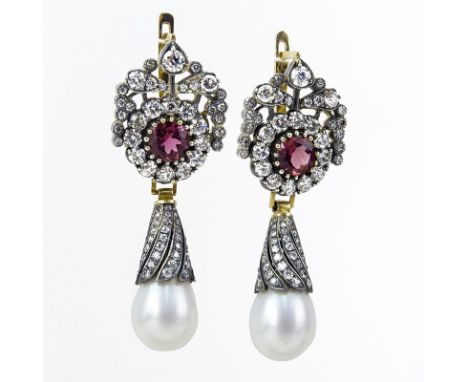 Pair of Antique Russian Approx. 8.0 Carat Old Mine Cut Diamond, Pink Tourmaline, Pearl, 18 Karat Yellow Gold and Silver Penda