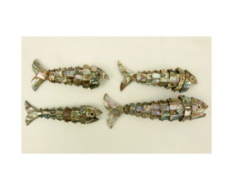 Four (4) Vintage Abalone Shell Articulated Fish Form Bottle Openers. Some losses and wear to abalone. Largest measures 7-1/2"