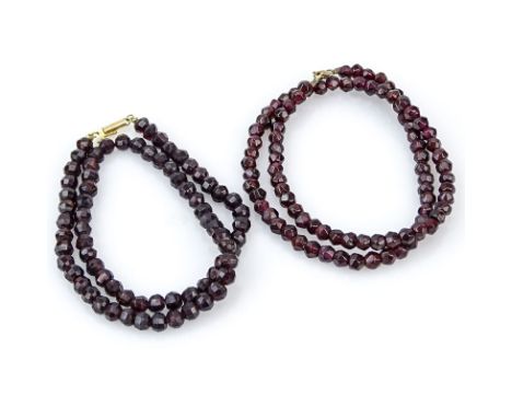Two (2) Vintage Faceted Garnet Bead Necklaces, One with 14 Karat Yellow Gold Clasp. Beads measure approx. 5-6mm. Good conditi