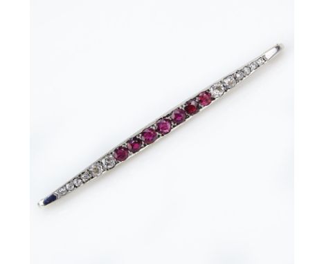 Antique Tiffany & Co Approx. 3.50 Carat Old European Cut Ruby and Diamond and 18 Karat Gold Bar Pin. Signed Tiffany & Co. Goo