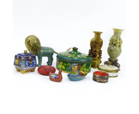 Grouping of Ten (10) Oriental Tableware. Includes: 2 soapstone vases, 2 cloisonné boxes, 2 cinnabar boxes, 2 cloisonné birds 