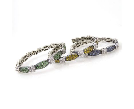 Contemporary Set of Three (3) 18 Karat White Gold, Approx. 2.25 Carat Round Brilliant Cut Diamond and 7.75 Carat Multi Color 