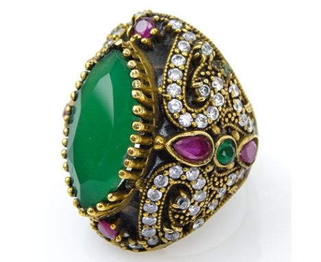 Vintage Mughal Style Chrysoprase, Diamond, Ruby and Emerald Ring. Set in gold and silver. Unsigned. One prong missing or in g