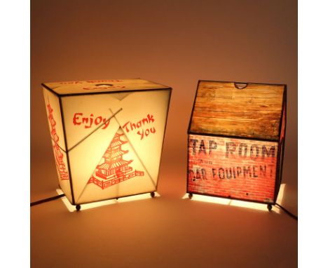 Two (2) Daniel Sadler, American (1957-2004) Hand Painted Mixed Media Lamps. Includes: a Chinese take out box form lamp (signe