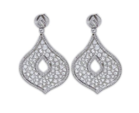 Approx. 15.84 Carat Rose Cut Diamond and 18 Karat White Gold Chandelier Earrings. Diamonds F-G color, VS1-VS2 clarity with a 