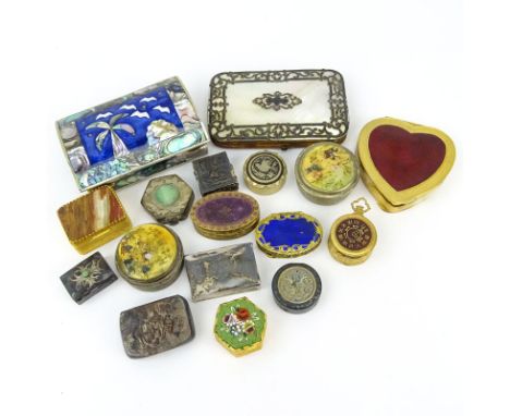 Grouping of Seventeen (17) Assorted Victorian Style Miniature Boxes. Mostly pill boxes, includes a heart shaped compact and m