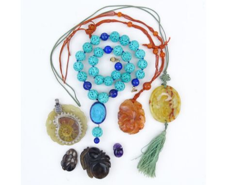 Grouping of Seven (7) Necklaces, Carvings, and Pendant. Includes: Lapis and turquoise color beaded necklace with 14k clasp, k