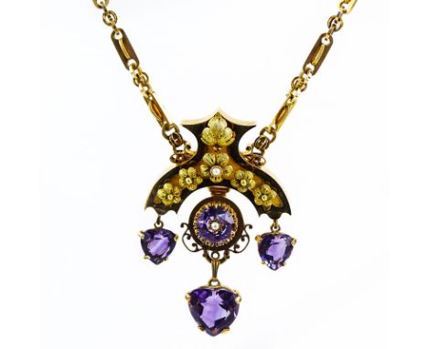 Victorian Egyptian Revival 14 Karat Yellow Gold, Amethyst and Pearl Pendant Necklace. 1871 patent mark to clasp. Good antique