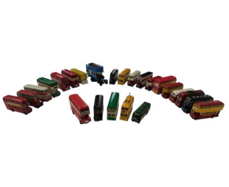 Dinky Matchbox and other diecast buses, including a Corgi Ensign Trolley Bus, a Sakura Routemaster Bus, a Corgi Weyman Bus, a